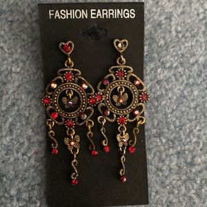 Red Dull Gold Earrings w butterfly gem detailing